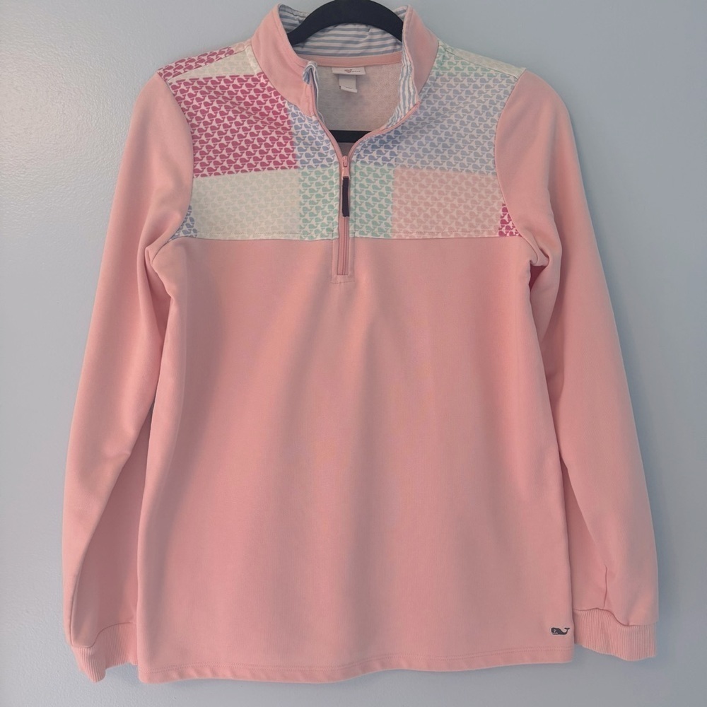 Vineyard Vines Girls XL Pink Quarter-Zip Sweater with Patchwork Shoulders